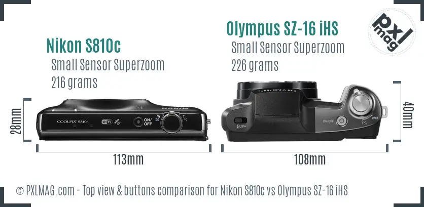 Nikon S810c vs Olympus SZ-16 iHS top view buttons comparison Nikon S810c vs Olympus SZ-16 iHS top view buttons comparison