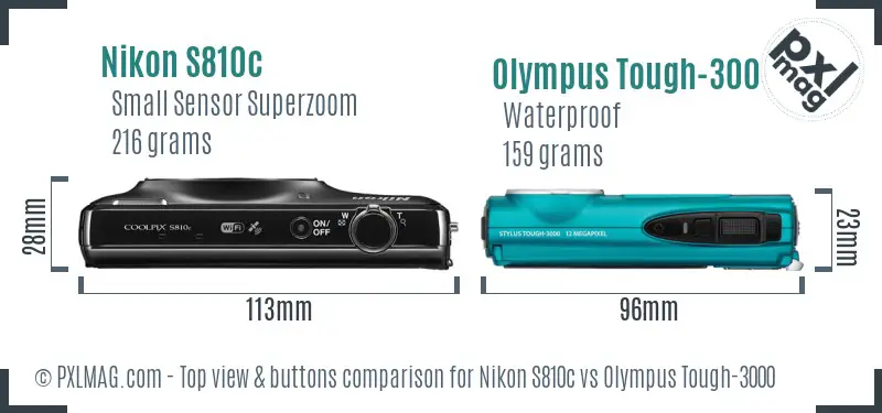 Nikon S810c vs Olympus Tough-3000 top view buttons comparison Nikon S810c vs Olympus Tough-3000 top view buttons comparison