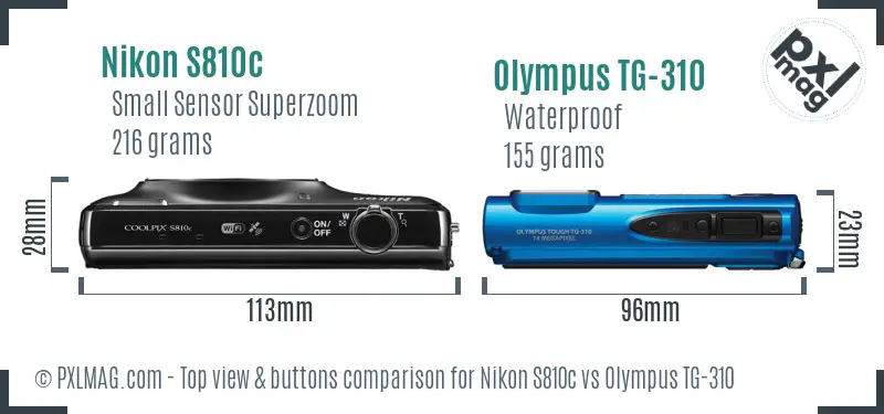 Nikon S810c vs Olympus TG-310 top view buttons comparison Nikon S810c vs Olympus TG-310 top view buttons comparison