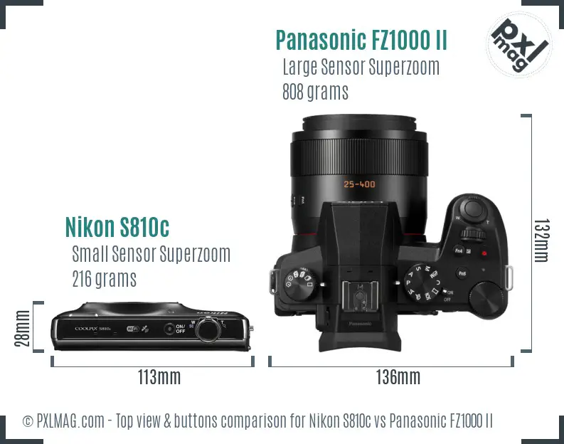 Nikon S810c vs Panasonic FZ1000 II top view buttons comparison