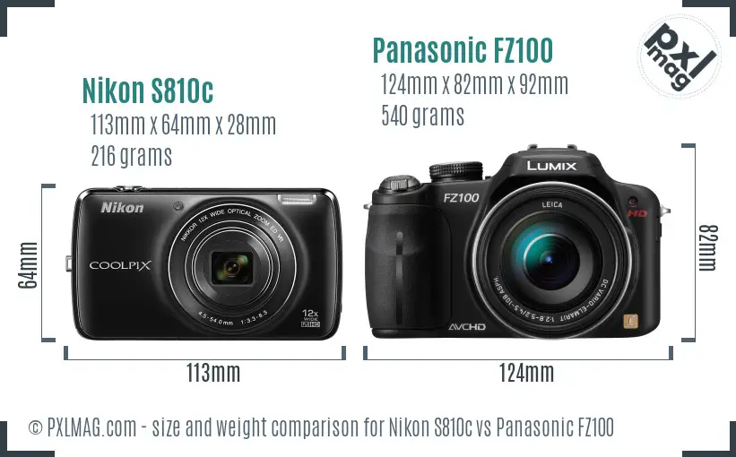 Nikon S810c vs Panasonic FZ100 size comparison