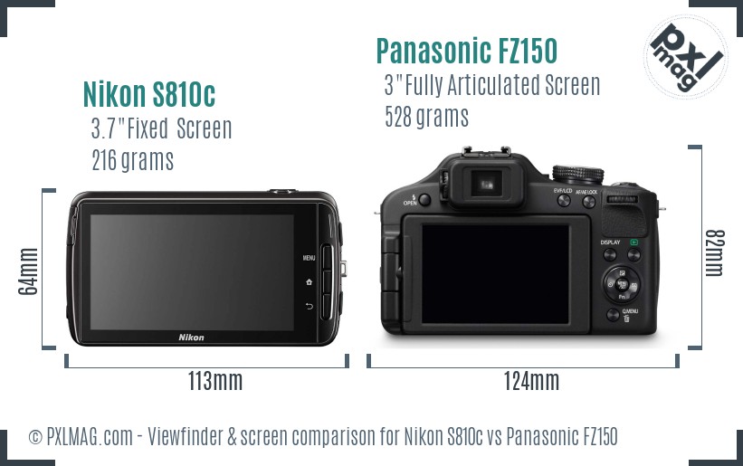 Nikon S810c vs Panasonic FZ150 Screen and Viewfinder comparison