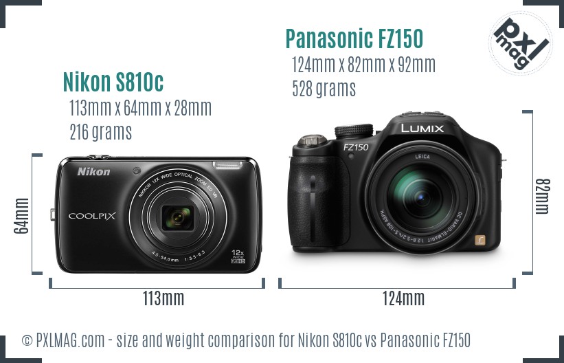 Nikon S810c vs Panasonic FZ150 size comparison
