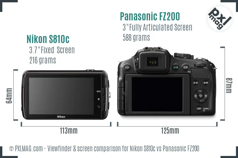 Nikon S810c vs Panasonic FZ200 Screen and Viewfinder comparison