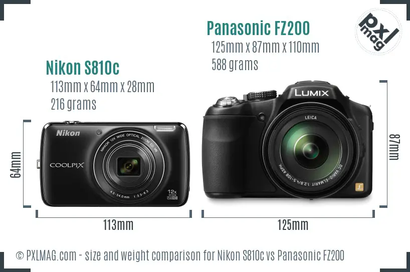 Nikon S810c vs Panasonic FZ200 size comparison