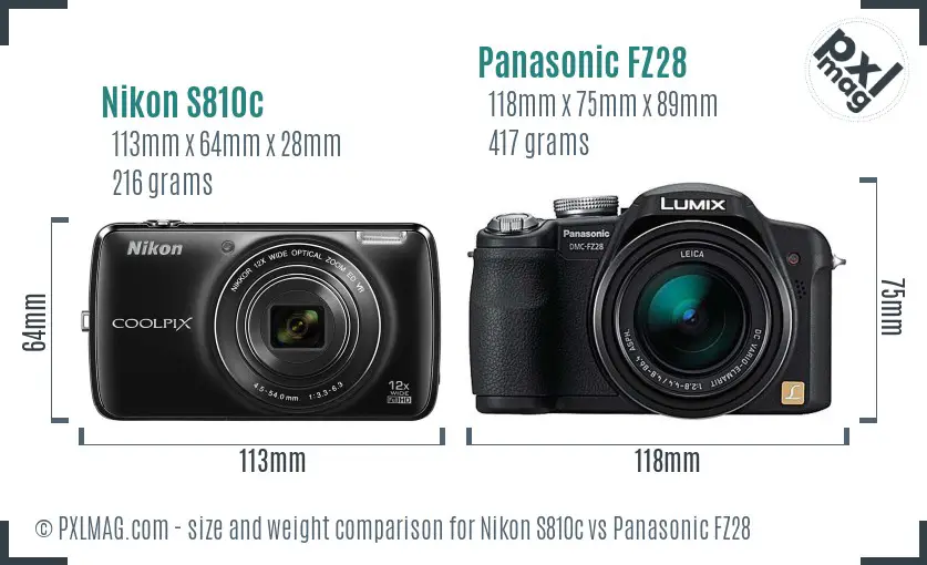 Nikon S810c vs Panasonic FZ28 size comparison