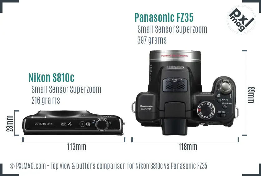 Nikon S810c vs Panasonic FZ35 top view buttons comparison Nikon S810c vs Panasonic FZ35 top view buttons comparison