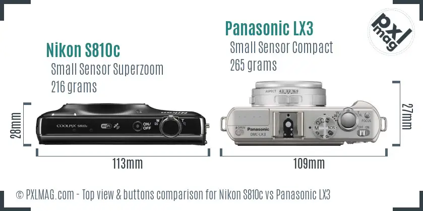 Nikon S810c vs Panasonic LX3 top view buttons comparison Nikon S810c vs Panasonic LX3 top view buttons comparison