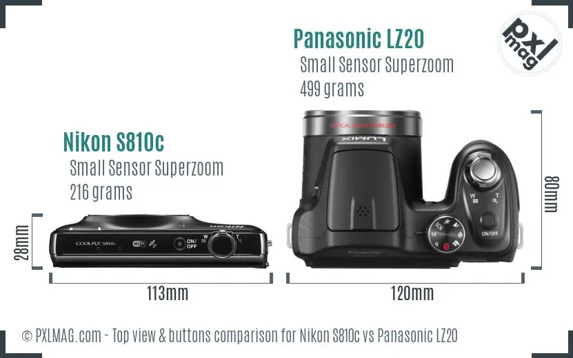 Nikon S810c vs Panasonic LZ20 top view buttons comparison Nikon S810c vs Panasonic LZ20 top view buttons comparison