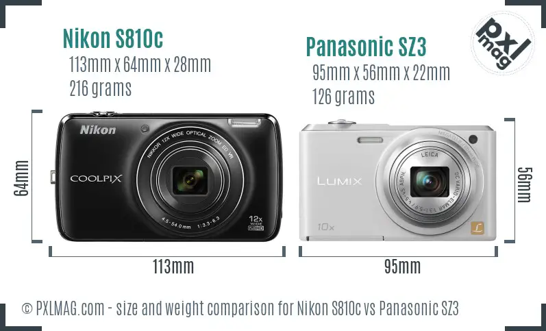 Nikon S810c vs Panasonic SZ3 size comparison