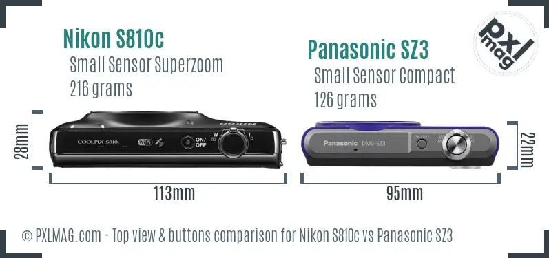 Nikon S810c vs Panasonic SZ3 top view buttons comparison