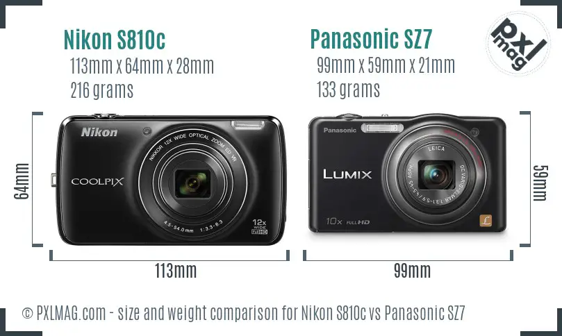 Nikon S810c vs Panasonic SZ7 size comparison