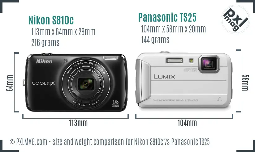 Nikon S810c vs Panasonic TS25 size comparison