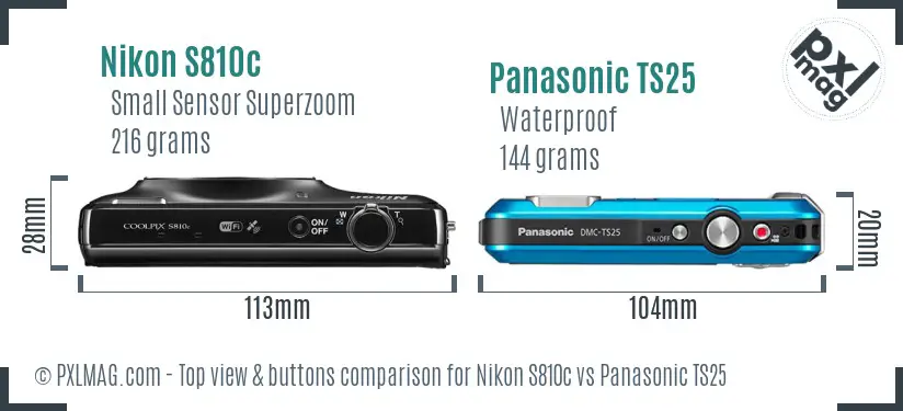 Nikon S810c vs Panasonic TS25 top view buttons comparison