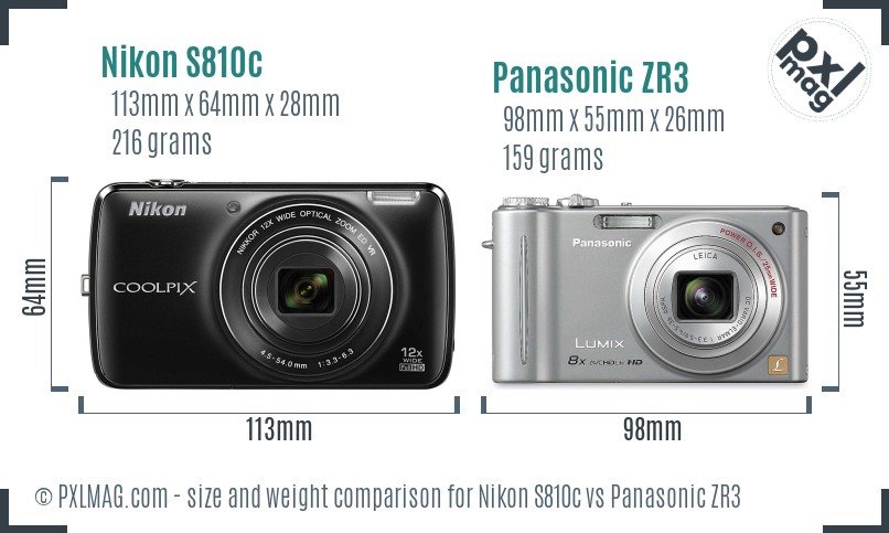 Nikon S810c vs Panasonic ZR3 size comparison