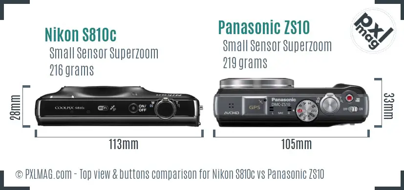 Nikon S810c vs Panasonic ZS10 top view buttons comparison