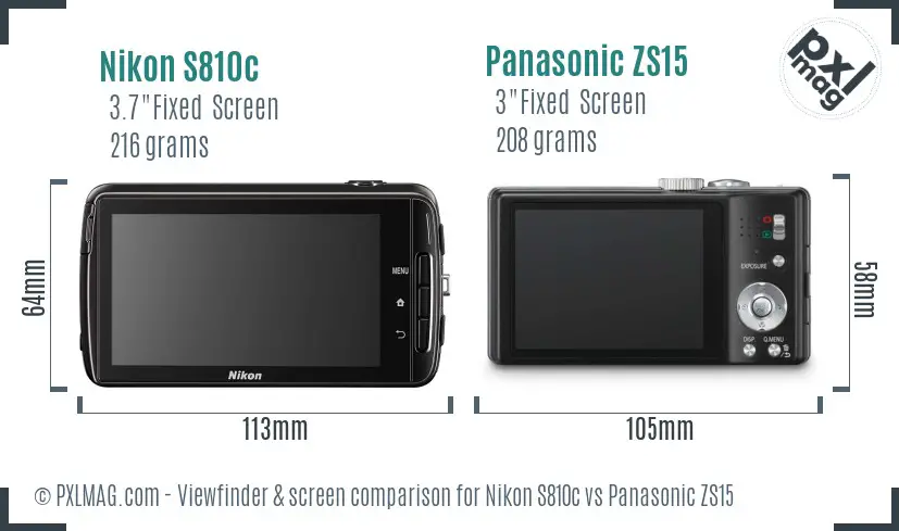 Nikon S810c vs Panasonic ZS15 Screen and Viewfinder comparison