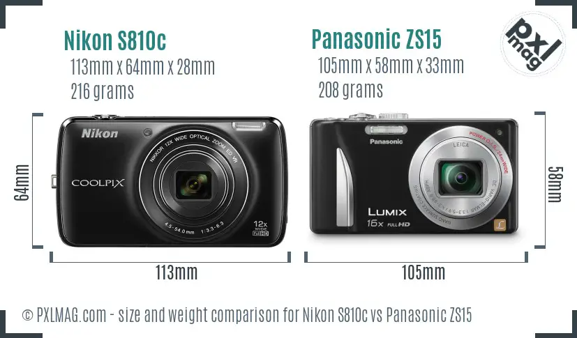 Nikon S810c vs Panasonic ZS15 size comparison