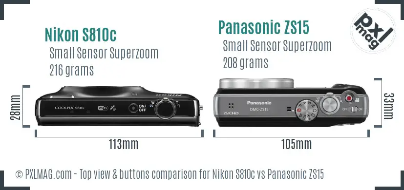 Nikon S810c vs Panasonic ZS15 top view buttons comparison