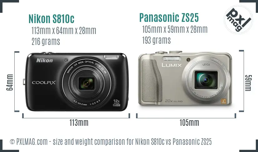 Nikon S810c vs Panasonic ZS25 size comparison