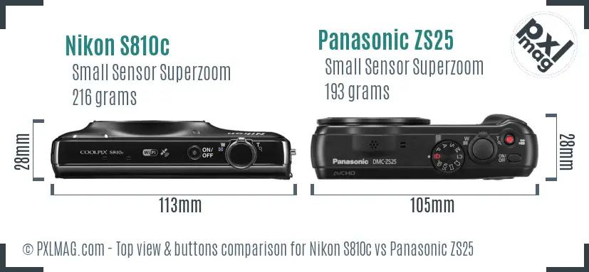 Nikon S810c vs Panasonic ZS25 top view buttons comparison