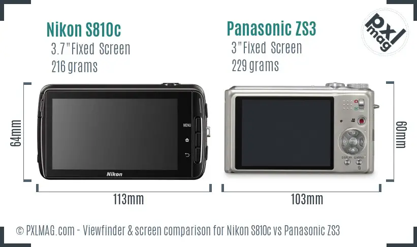 Nikon S810c vs Panasonic ZS3 Screen and Viewfinder comparison