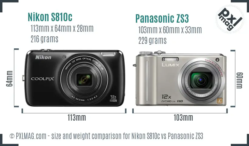Nikon S810c vs Panasonic ZS3 size comparison