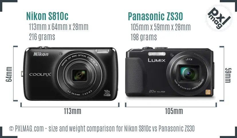 Nikon S810c vs Panasonic ZS30 size comparison