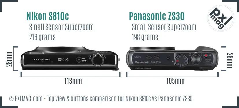 Nikon S810c vs Panasonic ZS30 top view buttons comparison