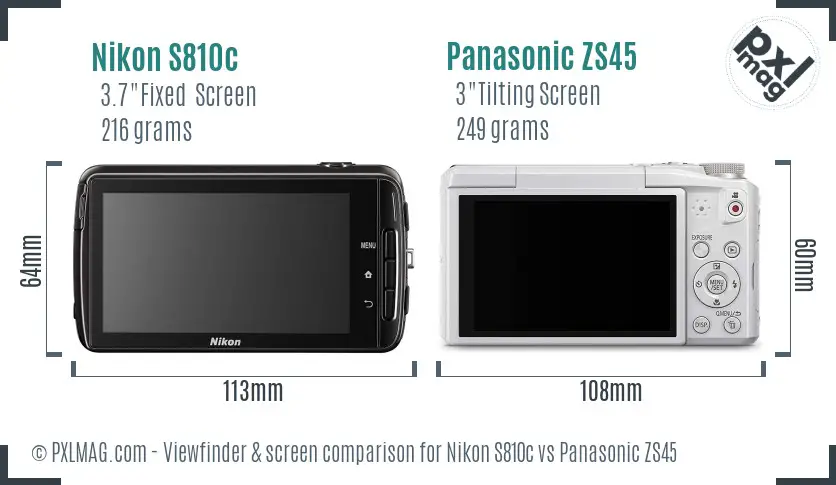 Nikon S810c vs Panasonic ZS45 Screen and Viewfinder comparison