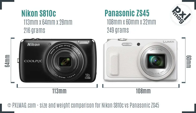 Nikon S810c vs Panasonic ZS45 size comparison