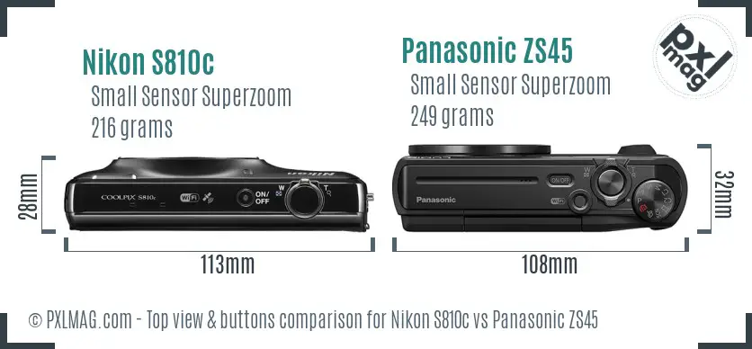 Nikon S810c vs Panasonic ZS45 top view buttons comparison