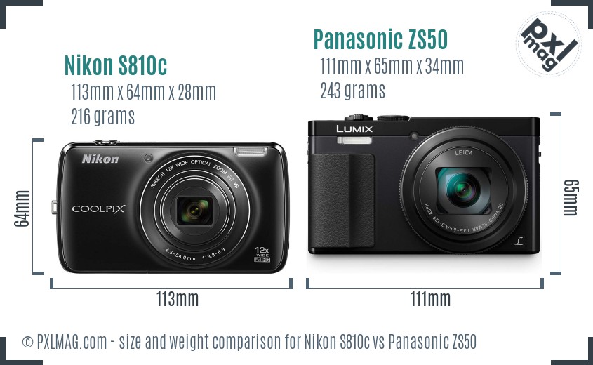 Nikon S810c vs Panasonic ZS50 size comparison