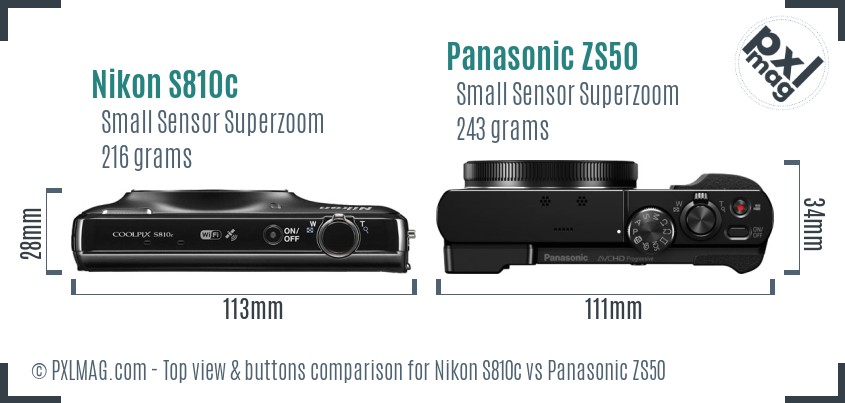 Nikon S810c vs Panasonic ZS50 top view buttons comparison