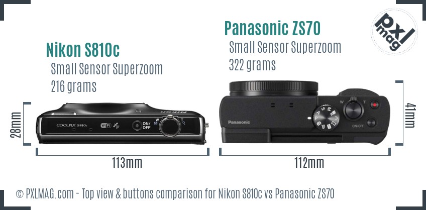 Nikon S810c vs Panasonic ZS70 top view buttons comparison