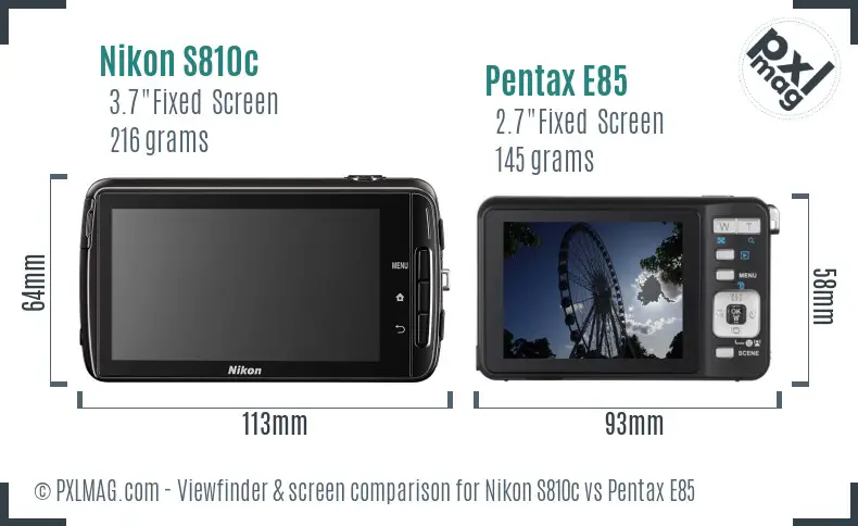 Nikon S810c vs Pentax E85 Screen and Viewfinder comparison