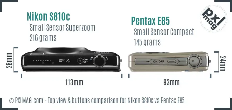 Nikon S810c vs Pentax E85 top view buttons comparison