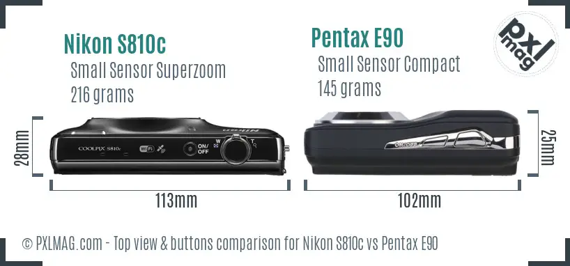 Nikon S810c vs Pentax E90 top view buttons comparison