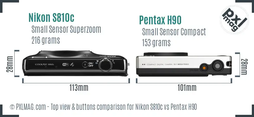 Nikon S810c vs Pentax H90 top view buttons comparison