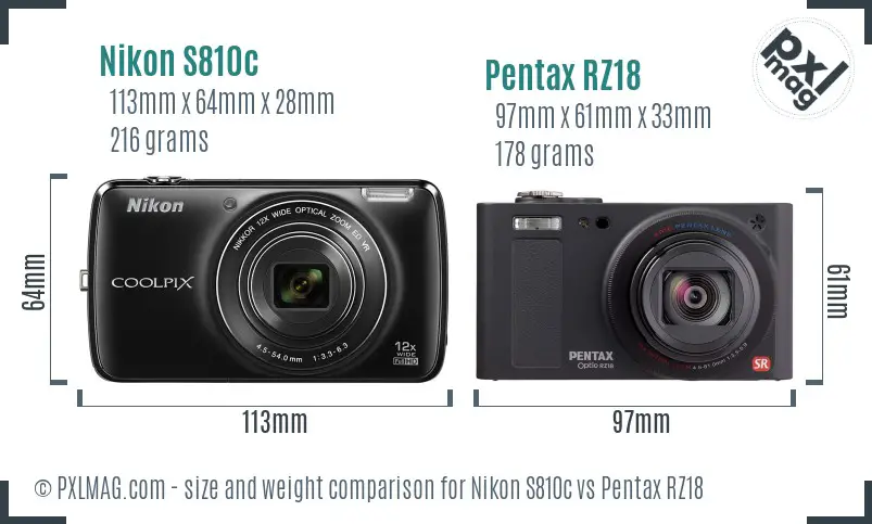 Nikon S810c vs Pentax RZ18 size comparison