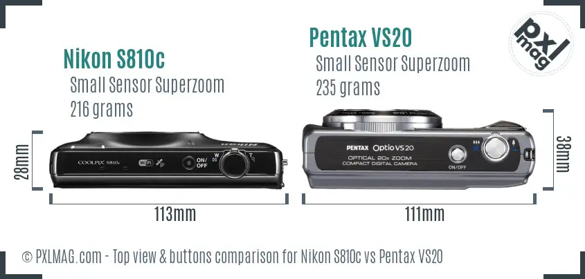 Nikon S810c vs Pentax VS20 top view buttons comparison