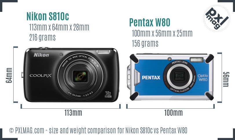 Nikon S810c vs Pentax W80 size comparison