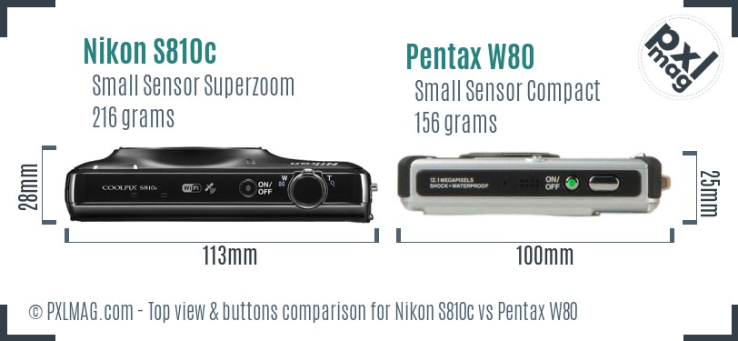 Nikon S810c vs Pentax W80 top view buttons comparison