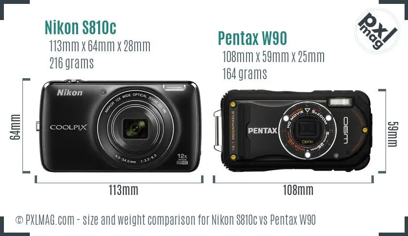 Nikon S810c vs Pentax W90 size comparison