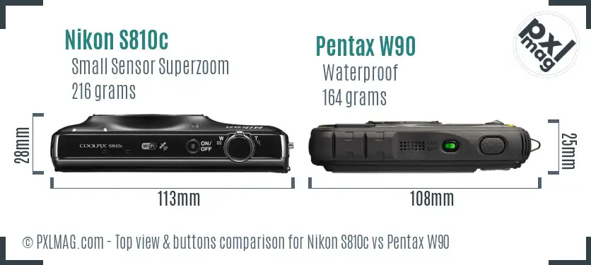 Nikon S810c vs Pentax W90 top view buttons comparison