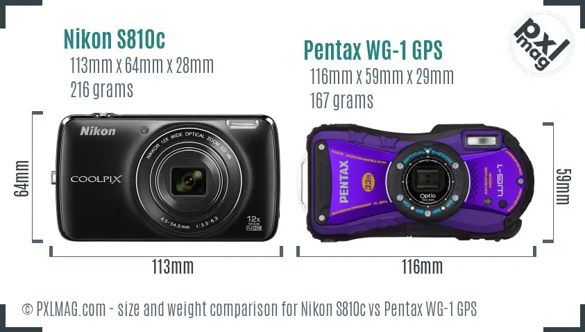 Nikon S810c vs Pentax WG-1 GPS size comparison