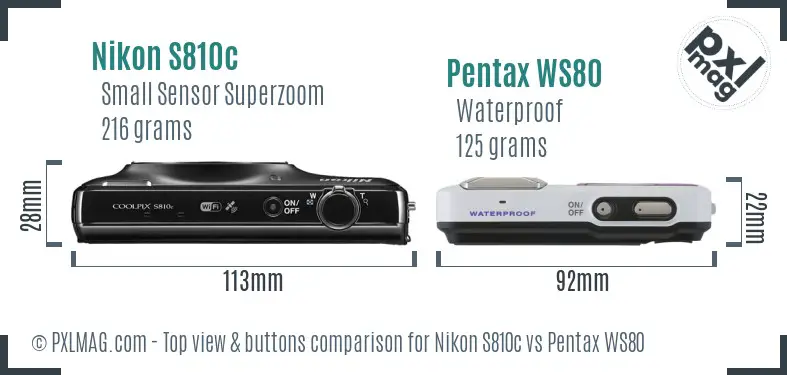 Nikon S810c vs Pentax WS80 top view buttons comparison Nikon S810c vs Pentax WS80 top view buttons comparison