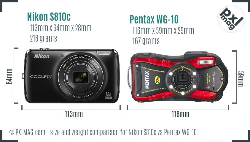 Nikon S810c vs Pentax WG-10 size comparison