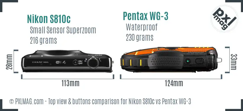 Nikon S810c vs Pentax WG-3 top view buttons comparison Nikon S810c vs Pentax WG-3 top view buttons comparison