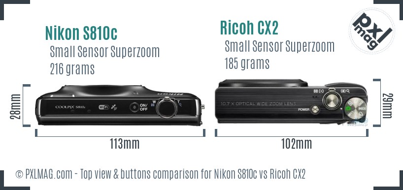 Nikon S810c vs Ricoh CX2 top view buttons comparison